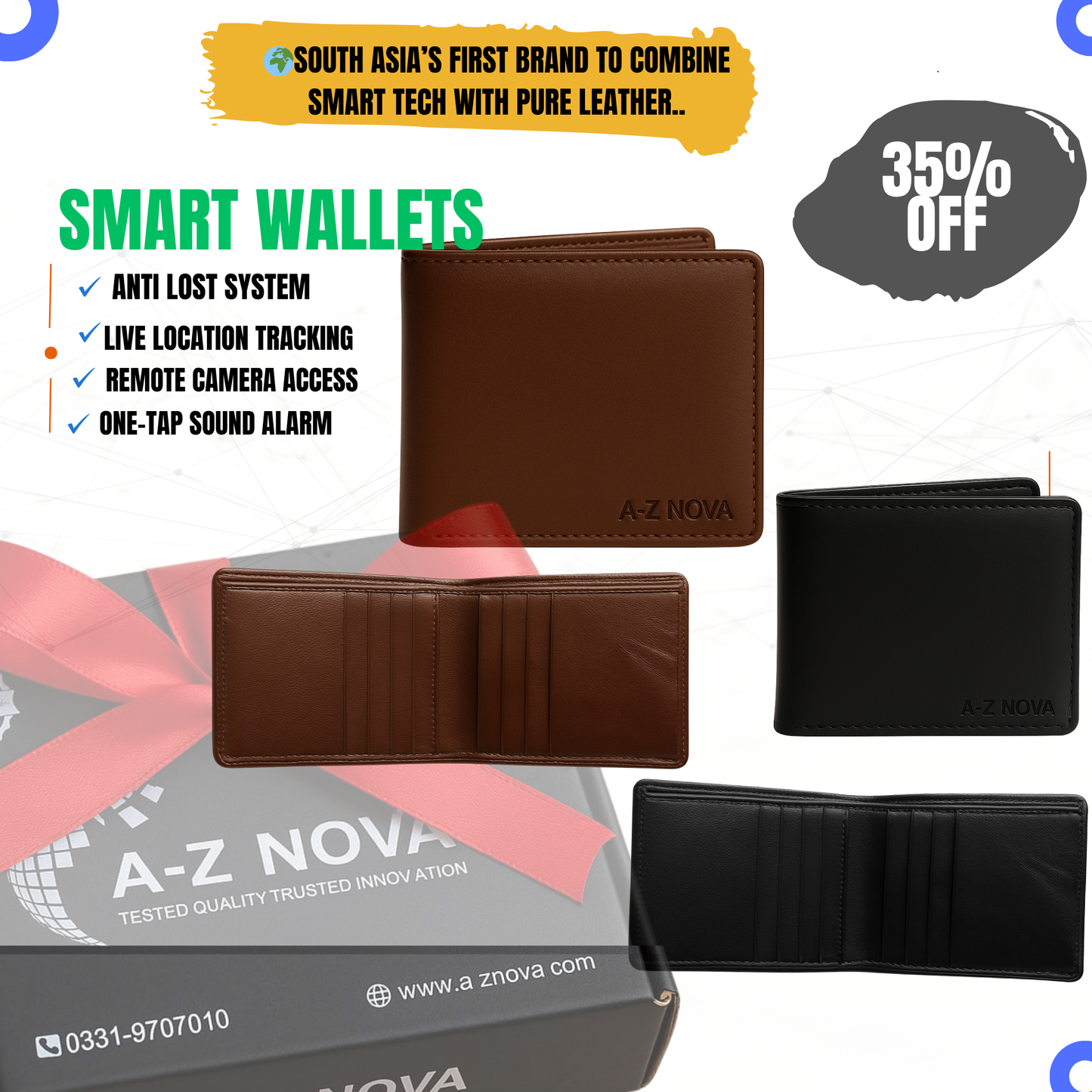 A-Z Nova™ Smart Leather Wallet – Live Location, Camera Access & Beep Alarm